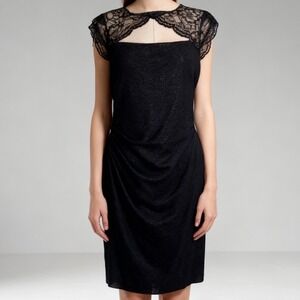 Kay Unger Ruched Sheath Dress Black Shimmer Cap Sleeve Lace size 10